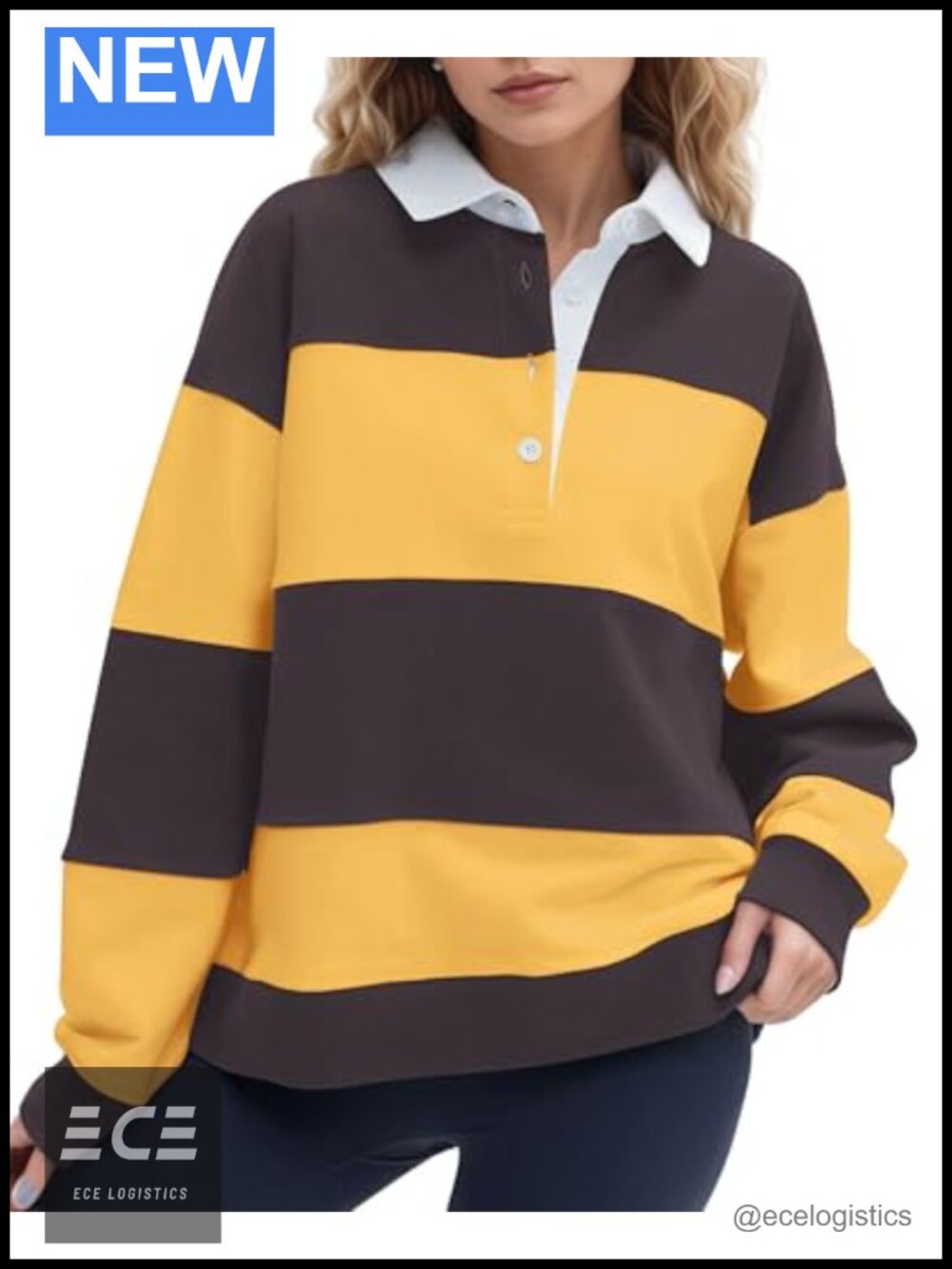 Oversized Striped Polo Sweatshirt Color Block Collared Pullover Top